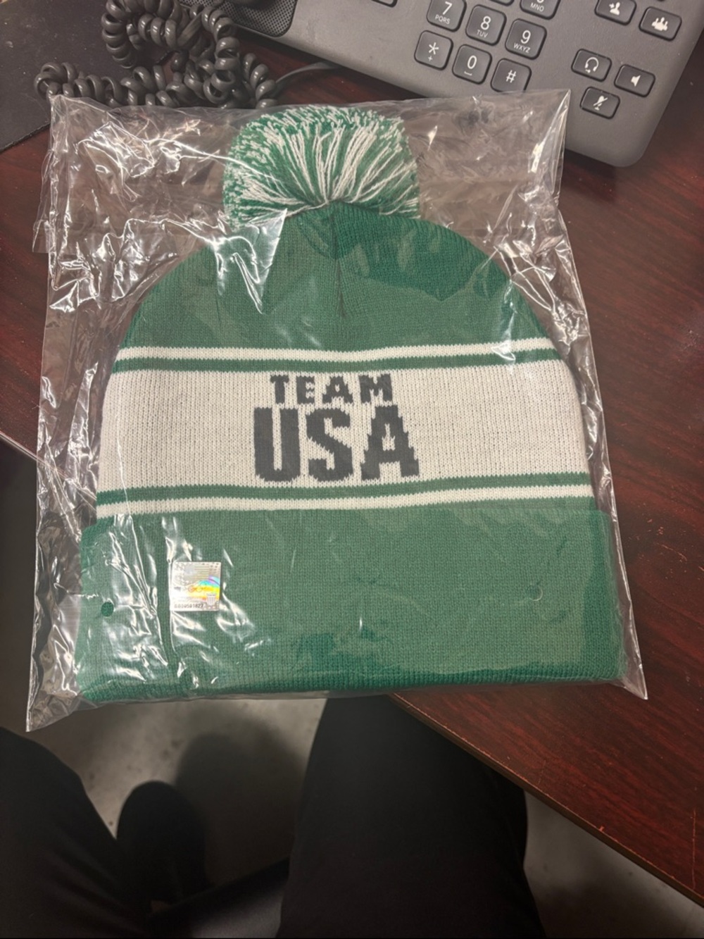 Team USA Green & White Pom Beanie, New !